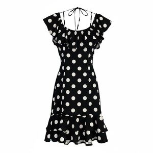 Boutique Black/White Polka Dot Ruffle Hem Off Shoulder Halter Dress M 7/8